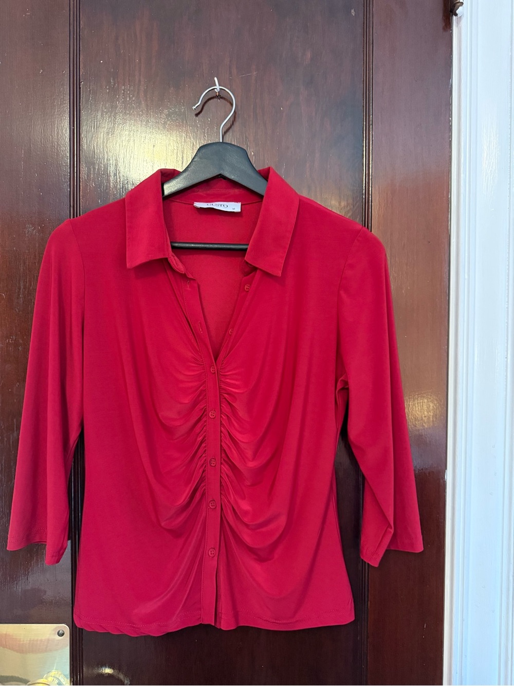 Women’s Red Ruched Button-Down Blouse